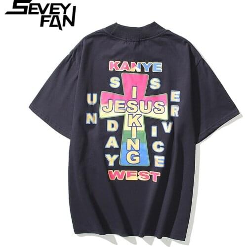 SEVEYFAN Kanye Colorful Crosss Printed Tees Mens Hip Hop T Shirts Summer Casual Cotton Tops Couples