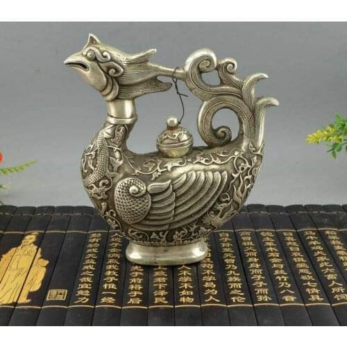 China Folk White Copper Phoenix Head Bottle Teapot Flagon Wine Pot Bronze Statue