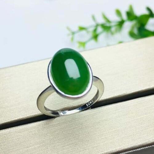 S925 Silver Green HeTian Jasper Inlay Oval Charm Lucky Jade Jewelry Ring
