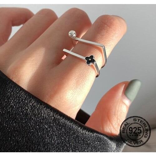 925 Sterling Silver Black Flowers Round Bead Square Rings For Women Opening Adjustable Korean Fashion Lady Daily Jewelry INEFFA