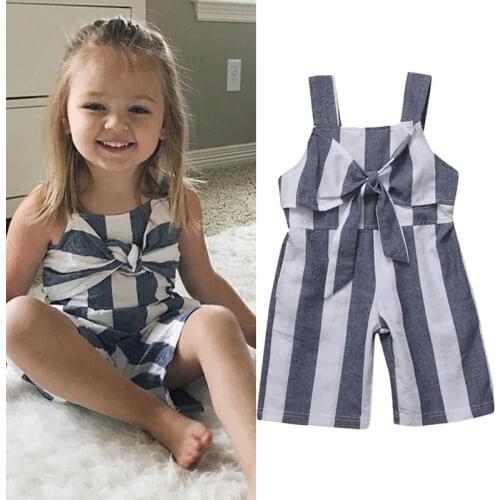 2019 Hot Toddler Kids Girl Clothes Summer Sleeveless Romper Children Baby Bow-knot Strip Jumpsuit Clothes 2-7Years