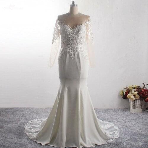 LZ403 Wholesale Sexy O Neckline Wedding Dress With Lace Appliques Train Long Sleeves Mermaid Dress