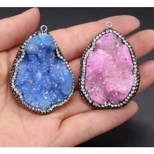 Irregular Natural Stone Druzy Crystal Agates Blue Pink Charm Pendant for DIY Necklace Jewelry Making For Women 30x50-35x55mm