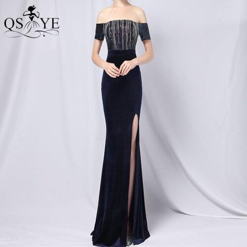 Navy Velvet Evening Dresses Off Shoulder Long Prom Gown Side Split Sequin Party Dress Short Sleeves Fading Fitted Formal Gown