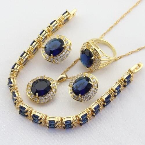 Dark Blue Stones Gold Color Bridal Jewelry Sets For Women Drop Earrings Necklace Pendant Bracelet Rings Free Gift Box WPAITKYS