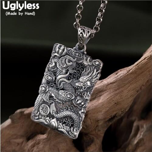 Uglyless Universal Dragon Necklaces NO Chain 999 Silver Dragon Pendants for Men Cool Fashion Jewelry Thai Silver Square Necklace