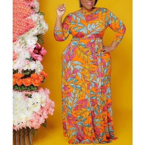 Fashion African Printed Dress Full Sleeve High Waist Floor Length Pullovers Elegant Evening Night Party Long Dress Vestidos Hot