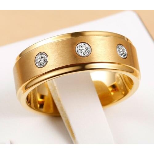 Tungsten Rings For Mens Gold color Wedding Bands 3 CZ Inlaid Jewerly Size 8-13