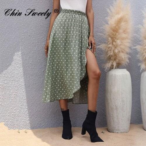 Spring Polka Dot Chiffon Womens Skirts Ruffle Pleated High Waist Mid-length Skirt Female 2021 New Summer Fashion Ladies Bottoms