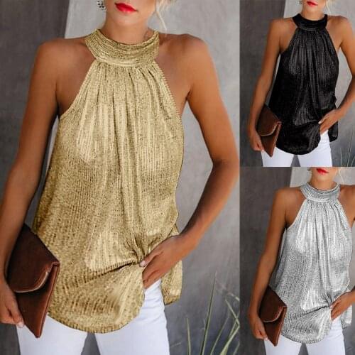 Fashion Women Glitter Blouse Shirt 2020 New Summer Sleeveless Halter Vest Casual Loose Basic Tops and Blouses Plus Size