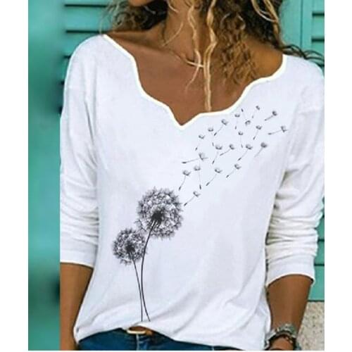 Dandelion Print V Neck Autumn Blouse Women Casual Long Sleeve Shirts 2020 Plus Size Loose Streetwear Tops AM2121