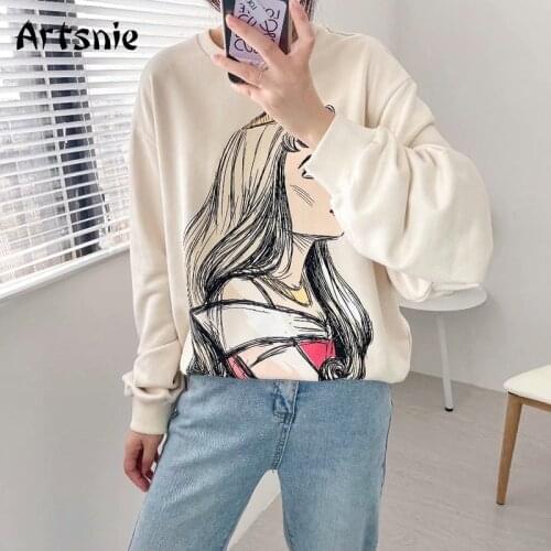Artsnie Character Cartoon Oversized Sweatshirt Women Autumn O Neck Drop Shoulder Hoodies Streetwear Knitted Beige Sweatshirts