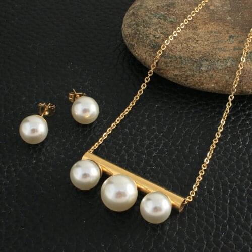 Fashion Bead Stainless Steel Jewelry Sets For Women Gold Color Pendants And Earrings SRYZ068
