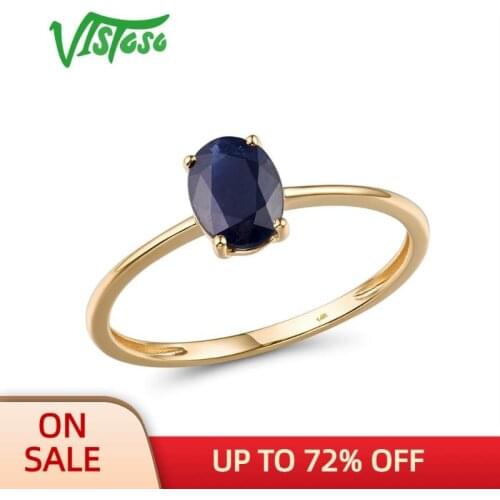 VISTOSO Gold Rings For Women Genuine 14K 585 Yellow Gold Ring Sparkling 7X5mm Blue Sapphire Engagement Ring Fine Jewelry