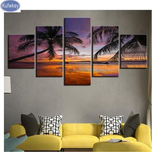 Diy 3d Diamond embroidery full drill Diamond mosaic 5 Pieces Sunset Beach Palm Trees 5d diy diamond painting Cross Stitch