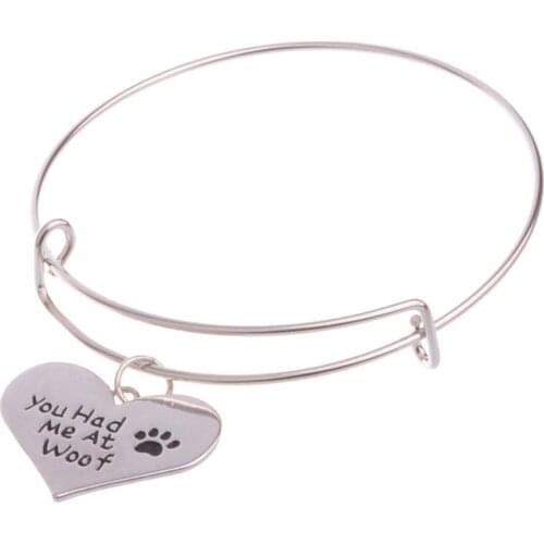 Bespmosp 12PCS/Lot Wholesale Expandable Bracelet You Had Me At Woof Heart Pendant Bangle Dog Paw Pet Lover Jewelry