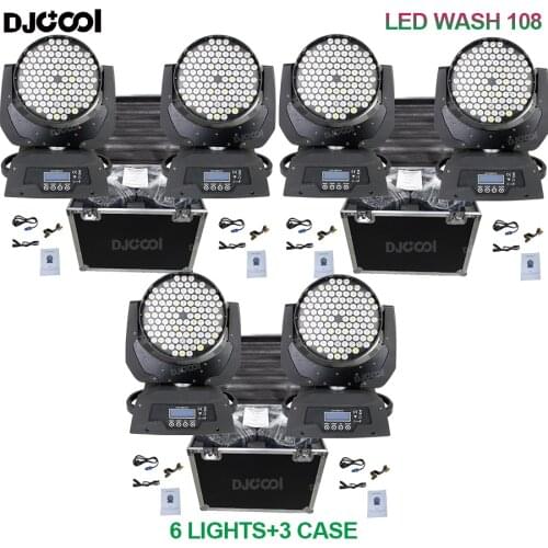 Free Duty Flycase 6x LED Wash Moving Head 108x3w RGBW Wash Lyre Wash Zoom Stage Lights DMX512 Control LED Wash Moving Head Light