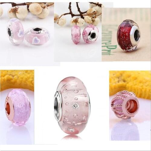 Genuine 925 Sterling Silver Charm Pink Murano Glass & Leaves Charm Beads Fit Women fashion Bracelet & Necklace Diy Jewelry