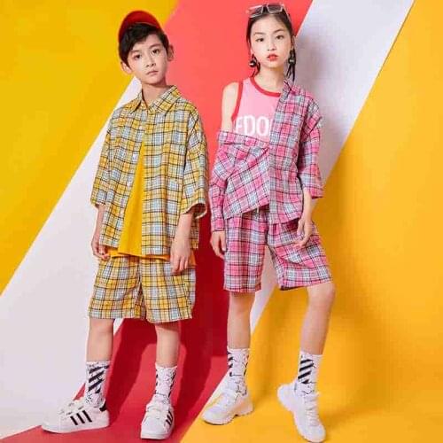 Children Clothes for Girls Clothing Jazz Hip Hop Dance Costumes Boys Short Sleeve Plaid Top Shorts Street Dance Clothing XS1472