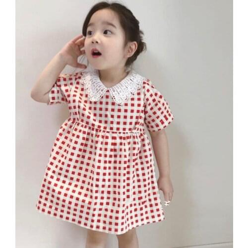 Childrens 2021 Summer New Girls Lapel Plaid Dress Baby Girl Sweet dress Tide Dress