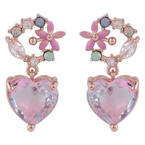 Elegant Heart Flower Drop Earrings Crystal Gem Plant Women Jewelry Girl Student Good Gift Fashion Accessories