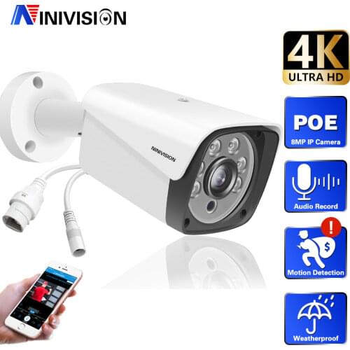 1PC Ultra HD 8MP POE Camera 4K IP67 Weatherproof Security Network Bullet Night Vision Email Alert Metal CCTV Camera
