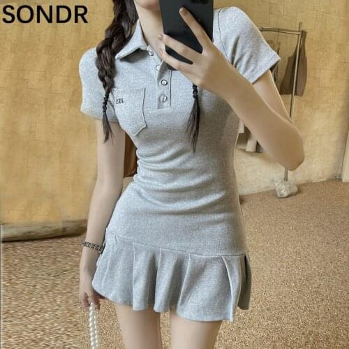 Korean Women Kawaii Knitted Dress Slim Polo Collar A-Line Pleated Short Dresses Fashion Sweet Girls Grey White Simple Dress 2021