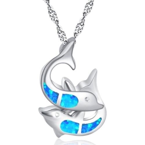Cute Blue White Fire Opal Necklace Boho Female Double Dolphin Pendant Necklace Dainty Silver Color Wedding Necklaces For Women