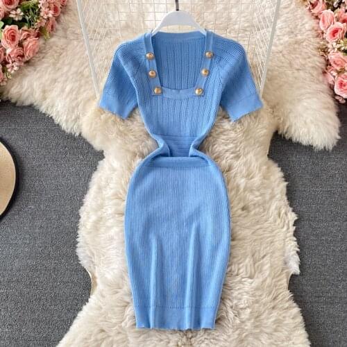 Korobov 2021 Sweet Chic OL Women Dress Korean Vintage Eleagnt Square Collar Slim Female Dress Short Sleeve Knitted Dress