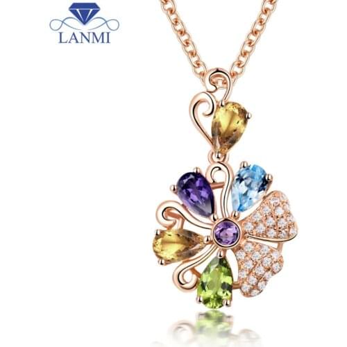 Lovely 18Kt Rose Gold Amethyst Diamond Pendant Natural Stone For Girl Gift P0089