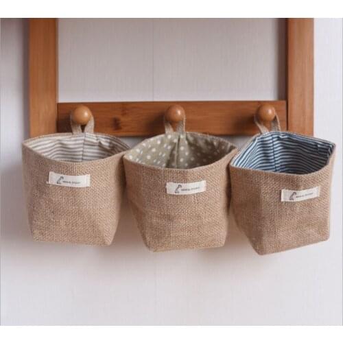 Hanging Storage Bag Fabric Jute Desktop Storage Bucket Home Office Organizer Flower Pot Small Sack Bathroom Kitchen Basket