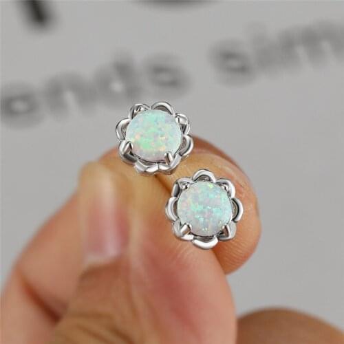 Geometric Round Small Stone Stud Earrings White Blue Fire Opal Flower Earrings Rose Gold Silver Color Wedding Earrings For Women