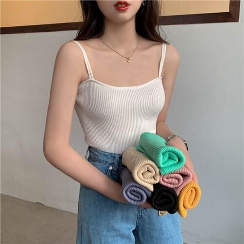 Sexy Knitted Camis Top Summer Tank Tops Women Camisole Sleeveless Slim Top Female Sleveless T-shirt Vest Casual Pink White Blue