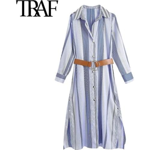 TRAF Women Chic Fashion With Belt Striped Midi Shirt Dress Vintage Long Sleeve Side Vents Female Dresses Vestidos Mujer