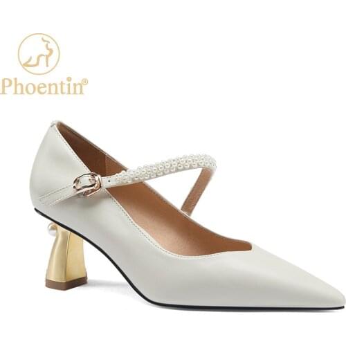 Phoentin Leather Women Shoes Medium Heel Pearl Cross Strip Metal Heels Pump Pointed Toe Beige Black Color 2021 Spring FT1404