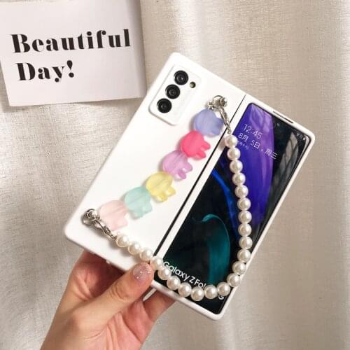 Top Quality Girl Fashion Cute Candy Bunny Bracelet Case Cover For Samsung Galaxy Z Fold 2 W21 5G Pearl Hand Chain Back Cover