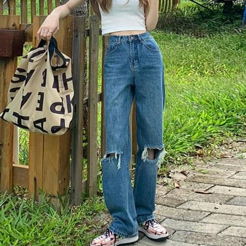 Womens blue hole jeans ins high waist loose straight wide leg denim trousers casual streetwear 2021 autumn female fashion pants
