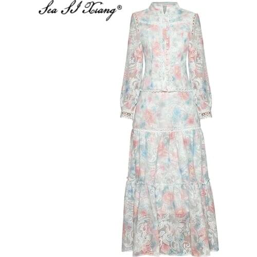 Seasixiang Fashion Designer Summer Embroidery Suit Women Single Breasted Tops + Maxi Skirt Floral Print Vintage Two-Piece Set