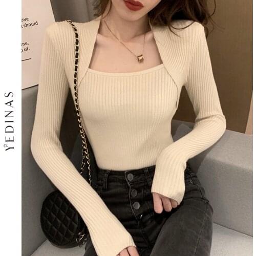 Yedinas Fashion Korean Style Autumn U-neck Knitted Sweater Long Sleeve Slim Winter Tops Sexy Chic Pullover Female Jumper Elastic