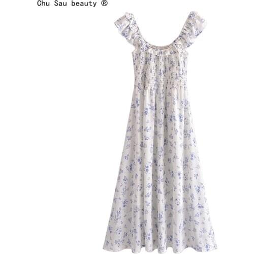 New Fashion Summer Sweet Style Floral Printed Midi Dress Women Casual Chic Ruffles Sleeve Elastic Chest Dresses Female