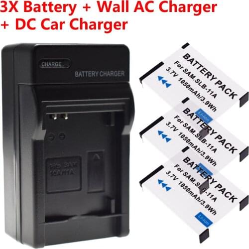 3 Pack SLB-11A Battery + Wall&Car Charger for Samsung CL65 CL80 EX-1 EX1 HZ25W HZ30W ST1000