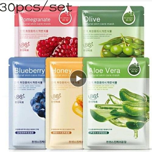 30pcs BIOAQUA Facial Mask Whitening Moisturizing Oil Control Aloe Honey Olive Pomegranate Seaweed Beauty Skin Care Mask