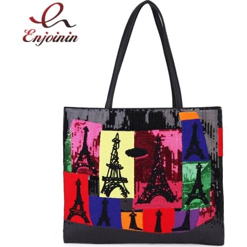 Sequins Color Tower Geometric Pattern Pu Leather Black Shoulder Bag Tote Bag for Women Shopping Bag Fashion Purses and Handbags