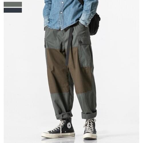 Mens Multi-pocket Cargo Pants Straight Trousers Hip Hop Retro Style Patchwork H1
