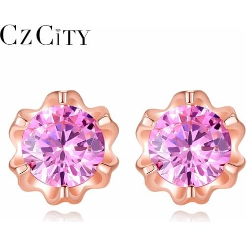 CZCITY Brand Cute Pink Cubic Zirconia Crystal Flower 925 Silver Earrings 2018 New Designs Silver Fine Jewelry for Women Gift