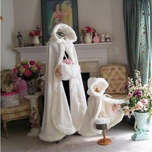 Long warm capes white ivory bride winter wedding cloak shawl satin + artificial fur cape coat adult SHAWL women poncho