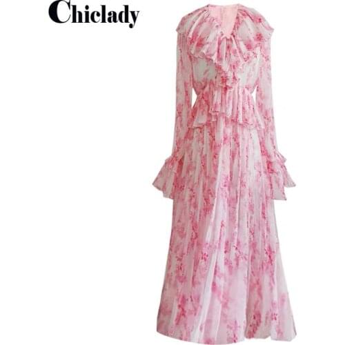 CHICLADY Floral Print Maxi Long Dress Women Pleated Flare Sleeve Ruffles Spring Pink Cute Autumn New Fashion Female Robes Dresse