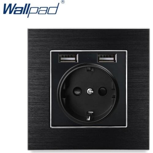 EU German Socket With 2 Usb In The Wall Wallpad Luxury Satin Metal Panel USB Wall Outlet