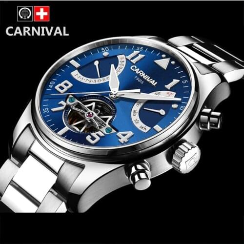 Carnival switzerland brand tourbillon automatic mechanical wristwatches full steel clock luxury men watch sapphire relogio saat
