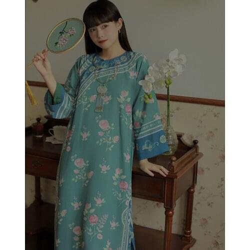 Chinese Dress Green Printing Qipao Crew Neck Long Sleeves Skirt Cheongsam Retro Loose Cheongsams Traditional China Clothing